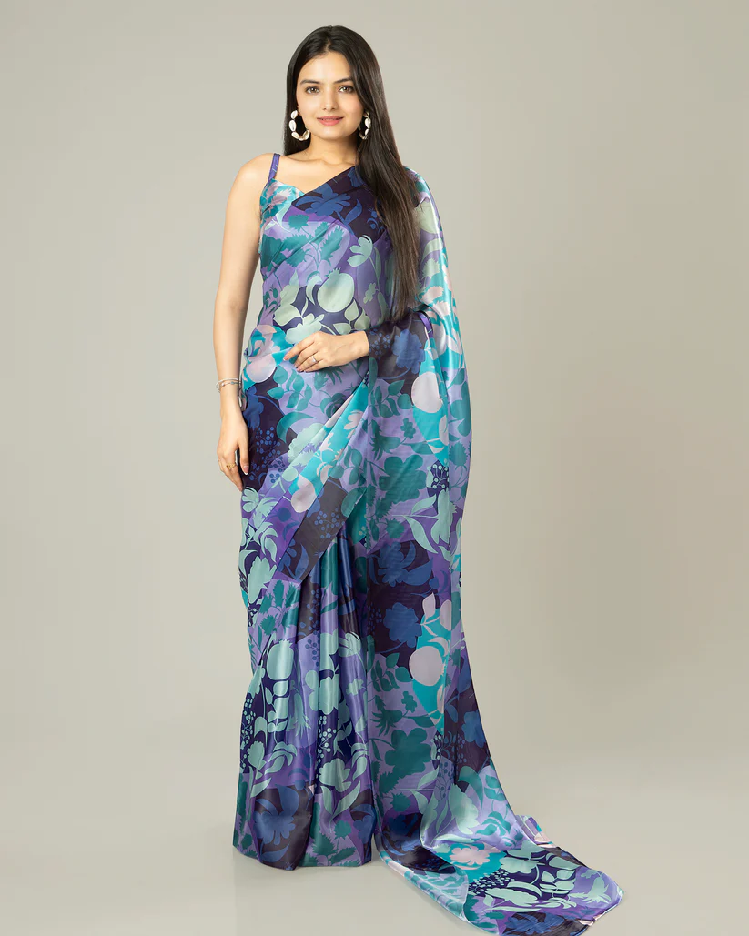 Floral Designs Heavy Satin Sarees With Plain Blouse