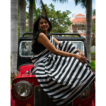 Black and White Lining Designs of Japan Satin Saree