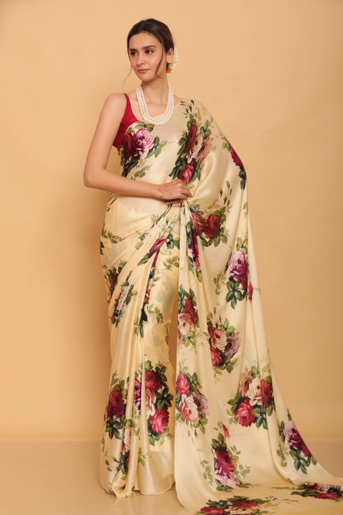 Letest Floral Printed of Satin Saree With Unstitched Blouse