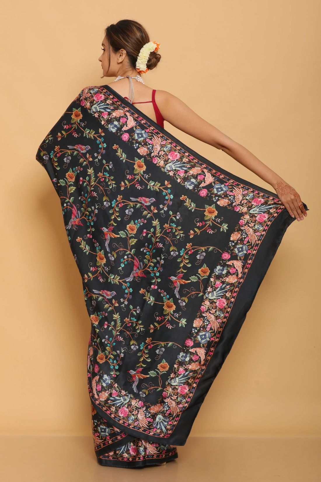 Floral and Birds Designs Heavy Satin Sarees With Plain Blouse