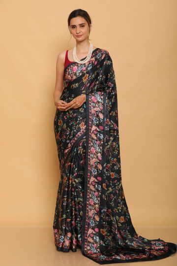 Floral and Birds Designs Heavy Satin Sarees With Plain Blouse