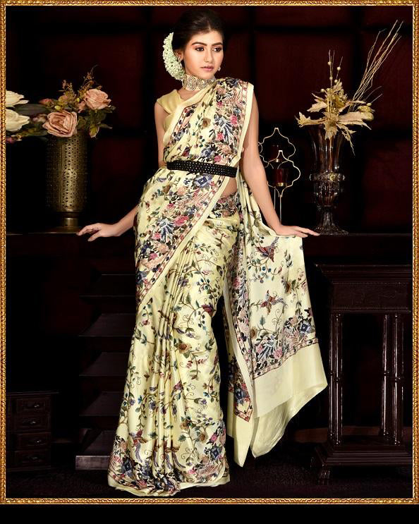 Floral and Birds Designs Heavy Satin Sarees With Plain Blouse