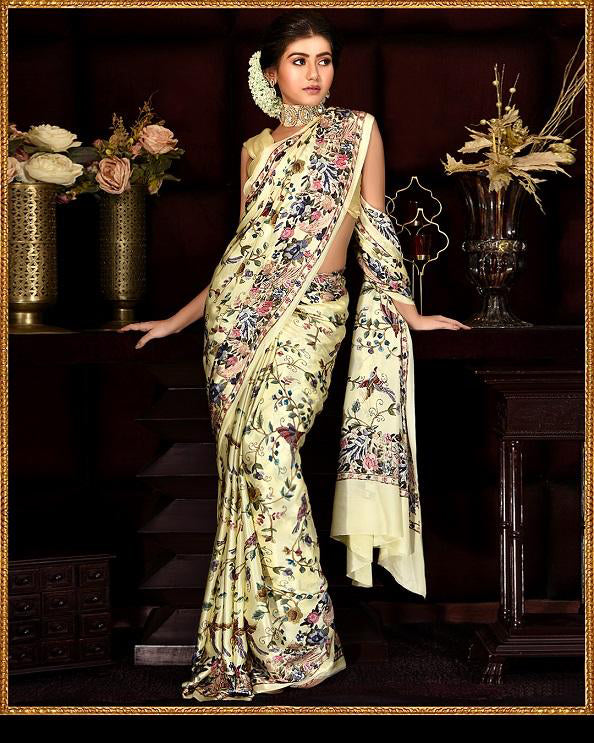 Floral and Birds Designs Heavy Satin Sarees With Plain Blouse