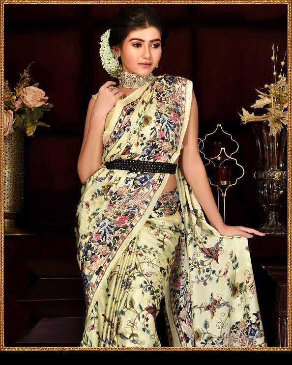 Floral and Birds Designs Heavy Satin Sarees With Plain Blouse