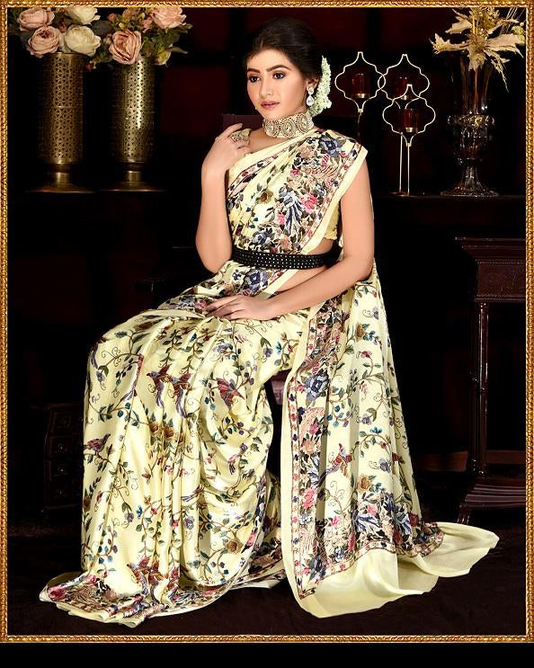 Floral and Birds Designs Heavy Satin Sarees With Plain Blouse