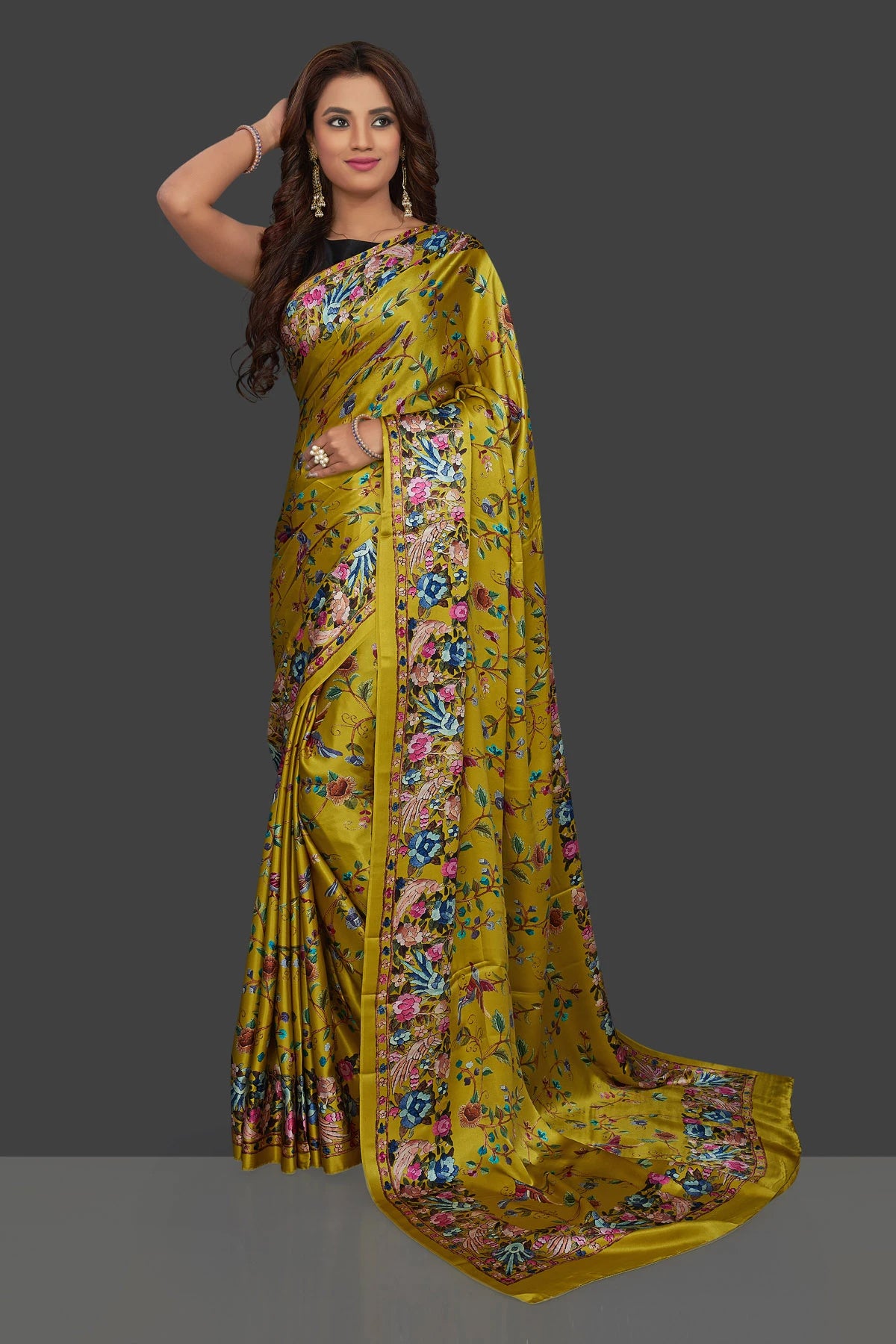 Floral and Birds Designs Heavy Satin Sarees With Plain Blouse