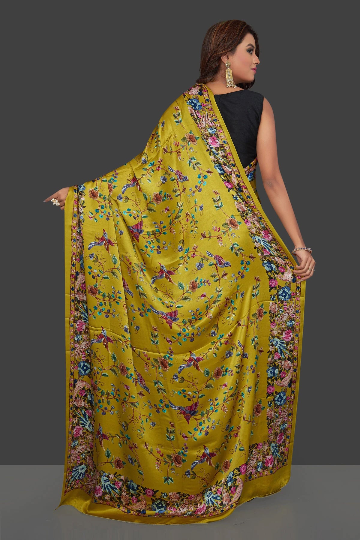 Floral and Birds Designs Heavy Satin Sarees With Plain Blouse