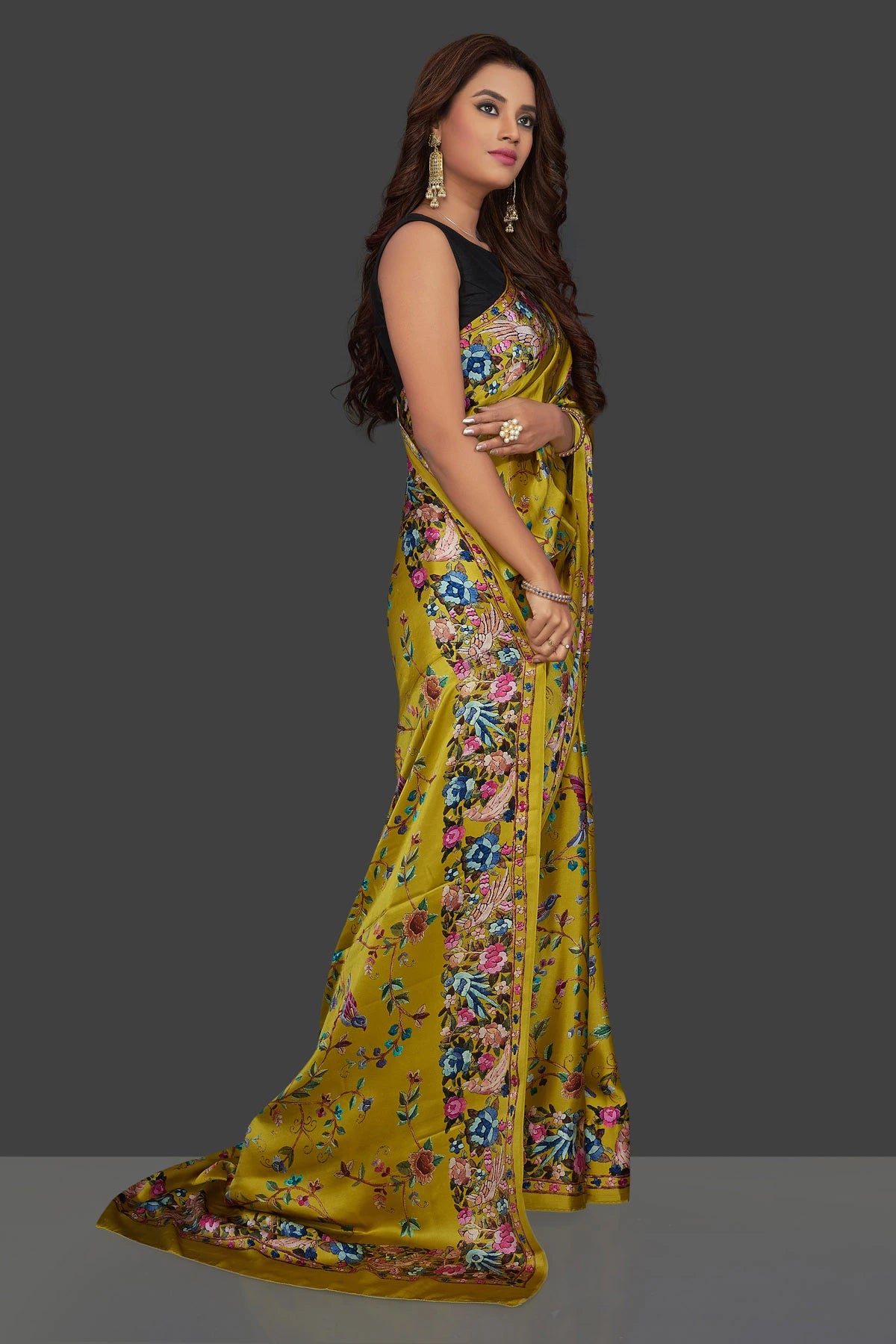 Floral and Birds Designs Heavy Satin Sarees With Plain Blouse