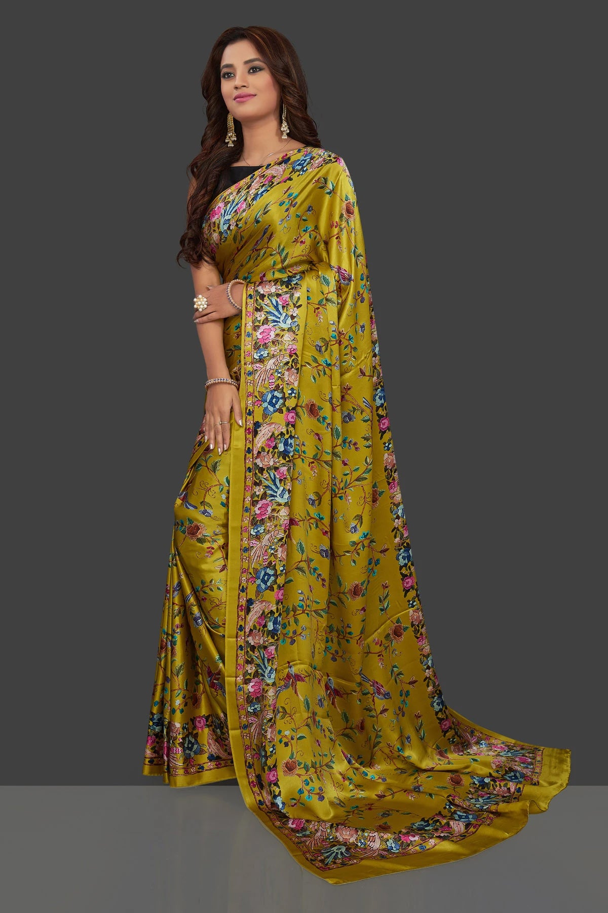 Floral and Birds Designs Heavy Satin Sarees With Plain Blouse