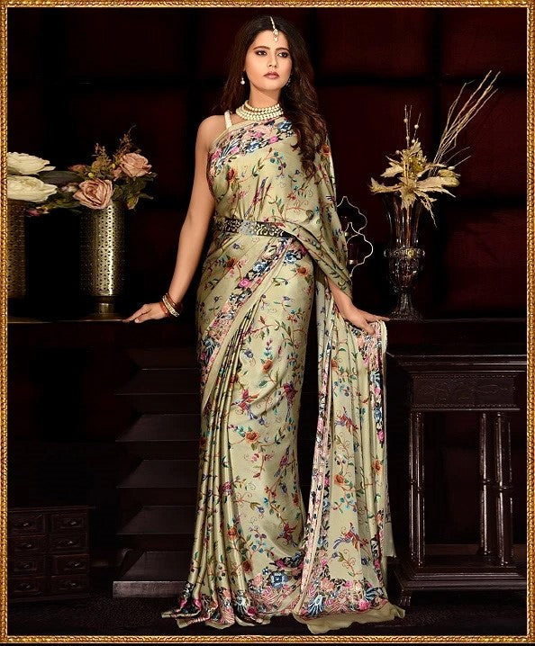 Floral and Birds Designs Heavy Satin Sarees With Plain Blouse