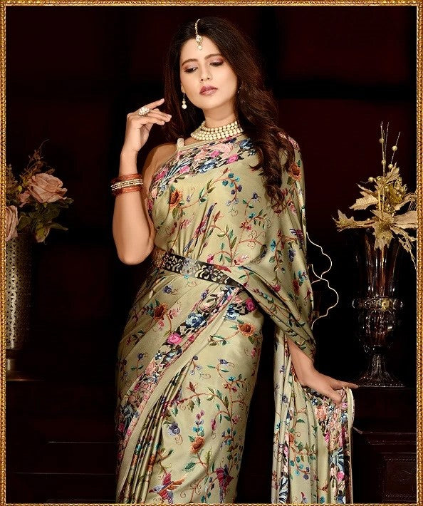 Floral and Birds Designs Heavy Satin Sarees With Plain Blouse