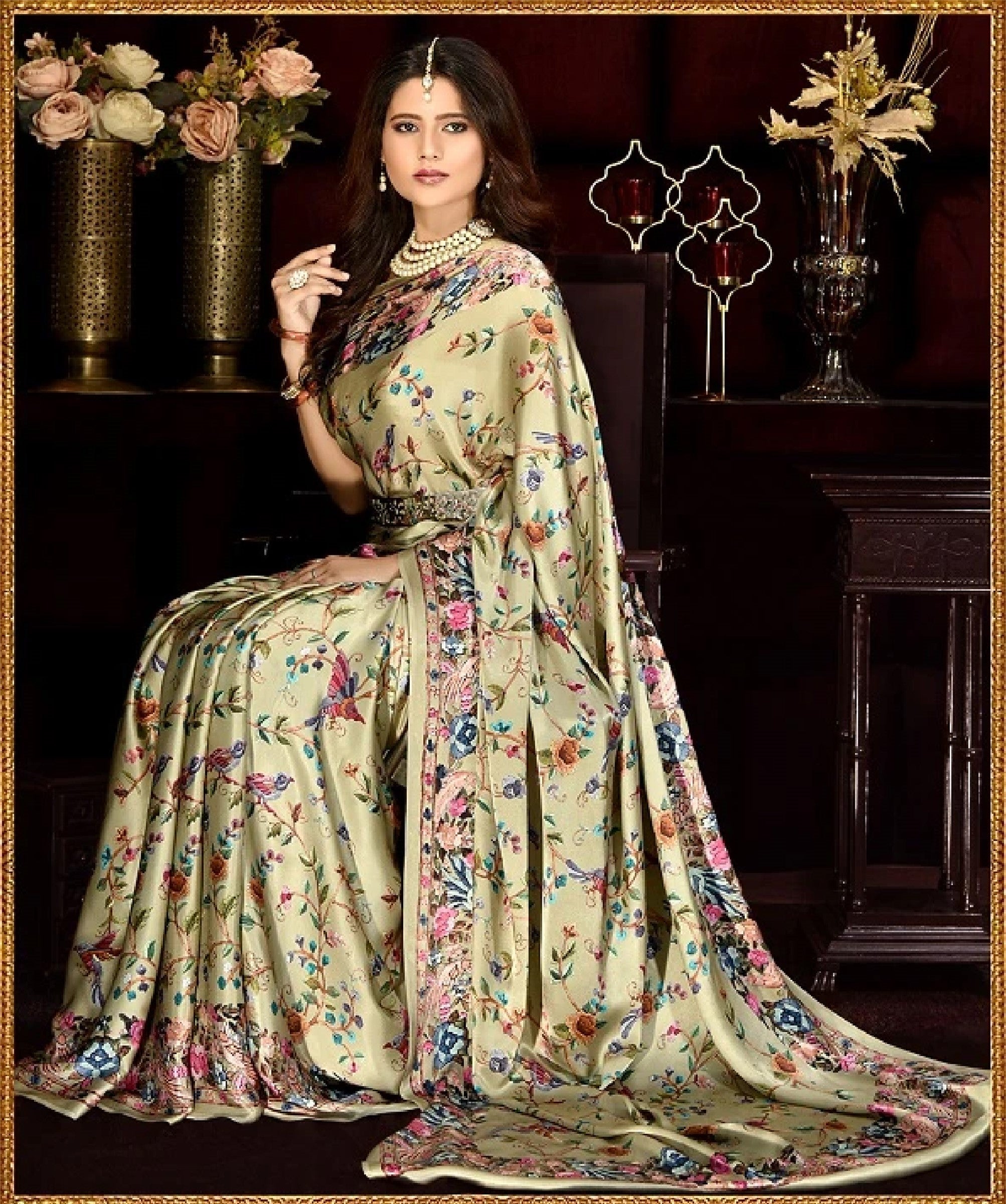 Floral and Birds Designs Heavy Satin Sarees With Plain Blouse