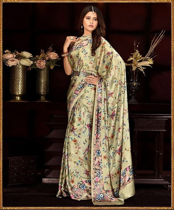 Floral and Birds Designs Heavy Satin Sarees With Plain Blouse