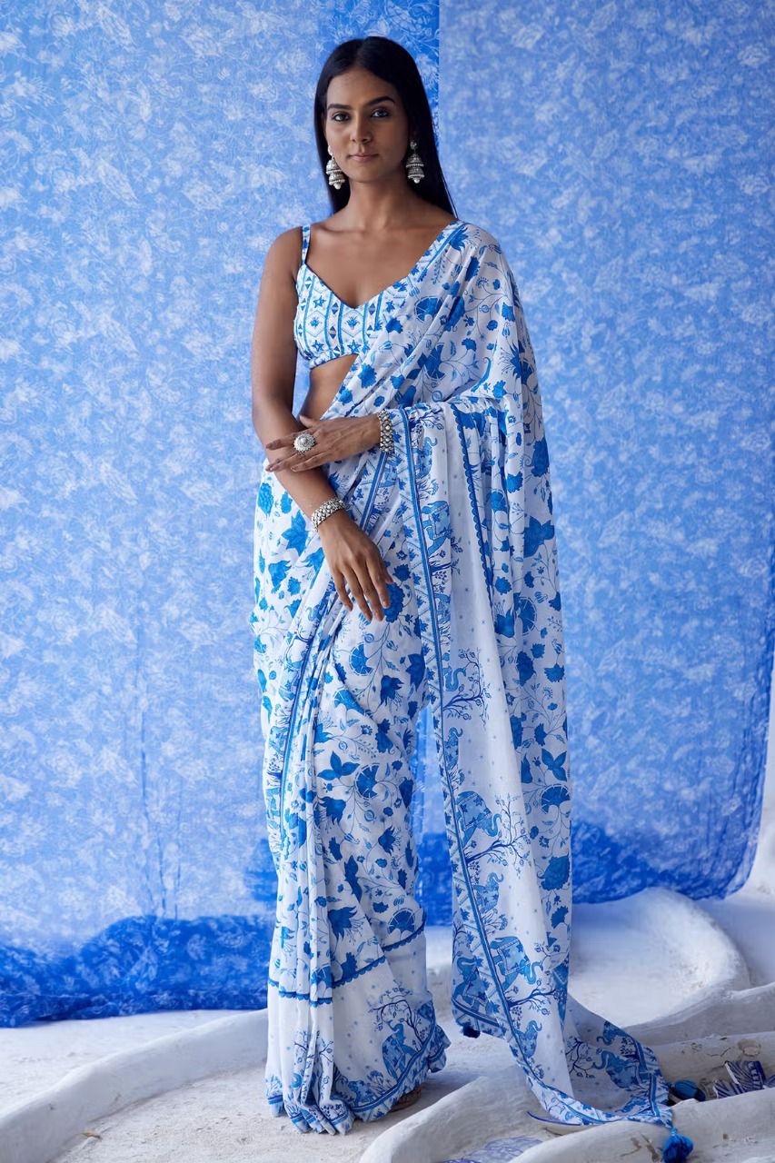 Georgette Saree With Printed Georgette Unstitched  Blouse