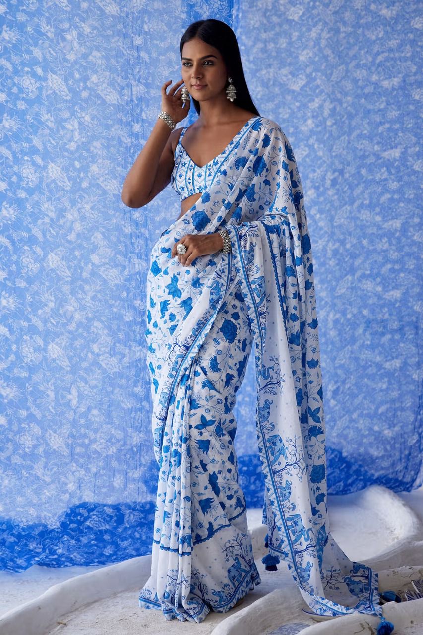 Georgette Saree With Printed Georgette Unstitched  Blouse