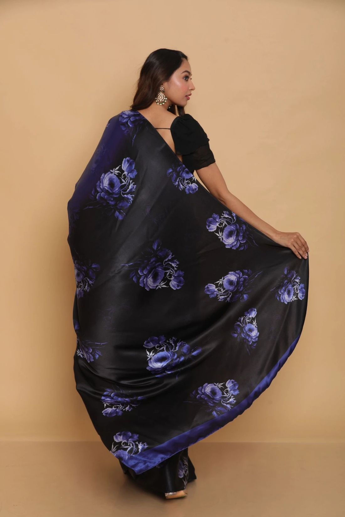 Floral Printed Heavy Satin Sarees With Plain Blouse