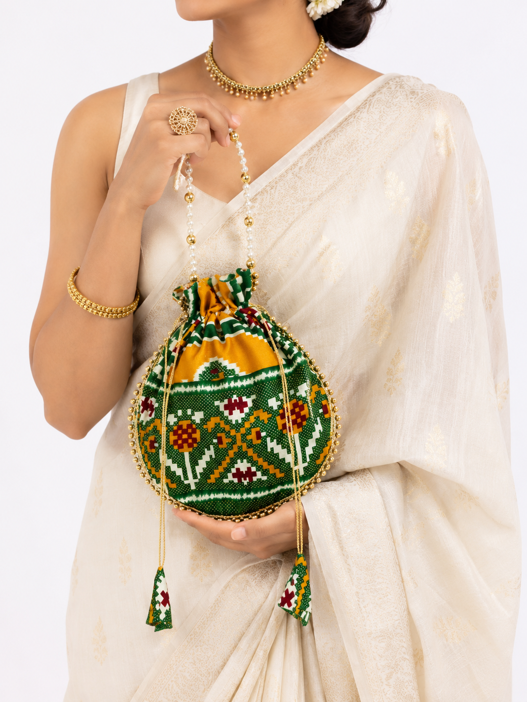 Premium Traditional Ikat Patola Potli Bag – Gold Bead Trim & Beaded Strap