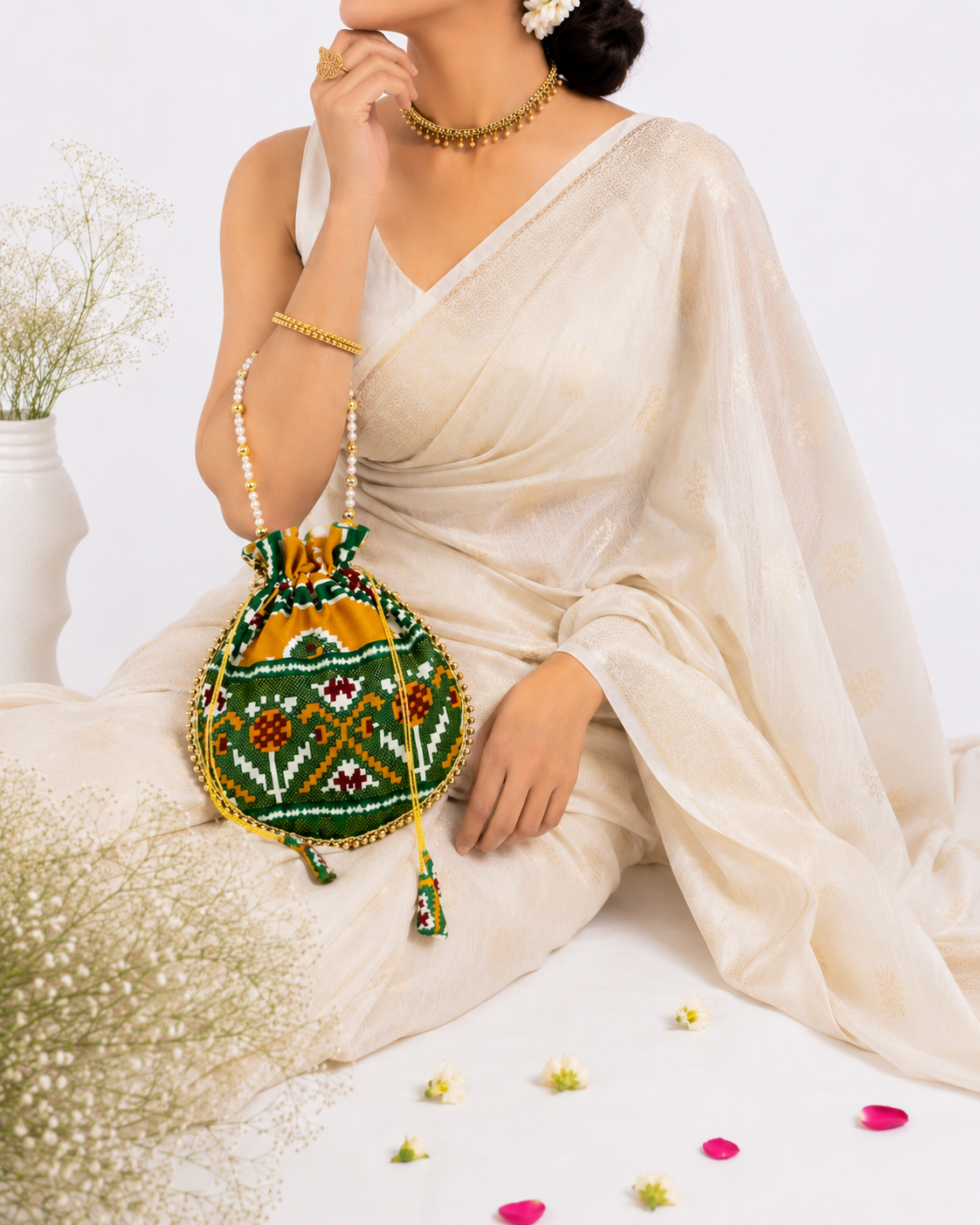 Premium Traditional Ikat Patola Potli Bag – Gold Bead Trim & Beaded Strap