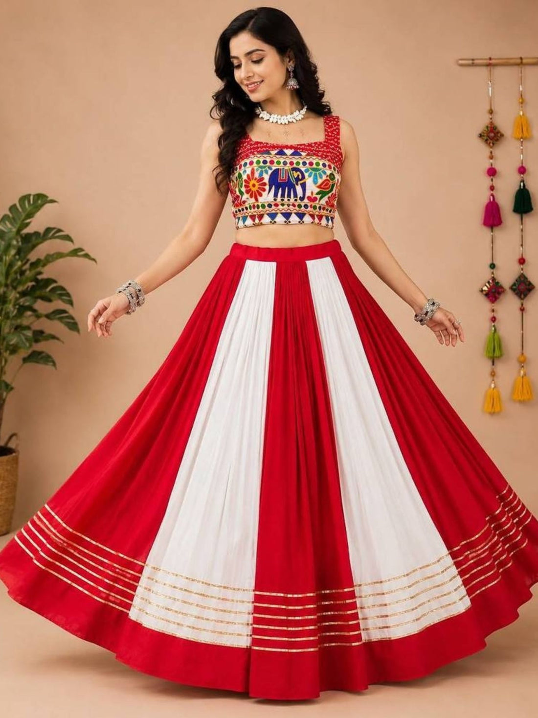 Red & White Kali Work Chaniya Choli With Fancy Blouse - Lehenga Choli