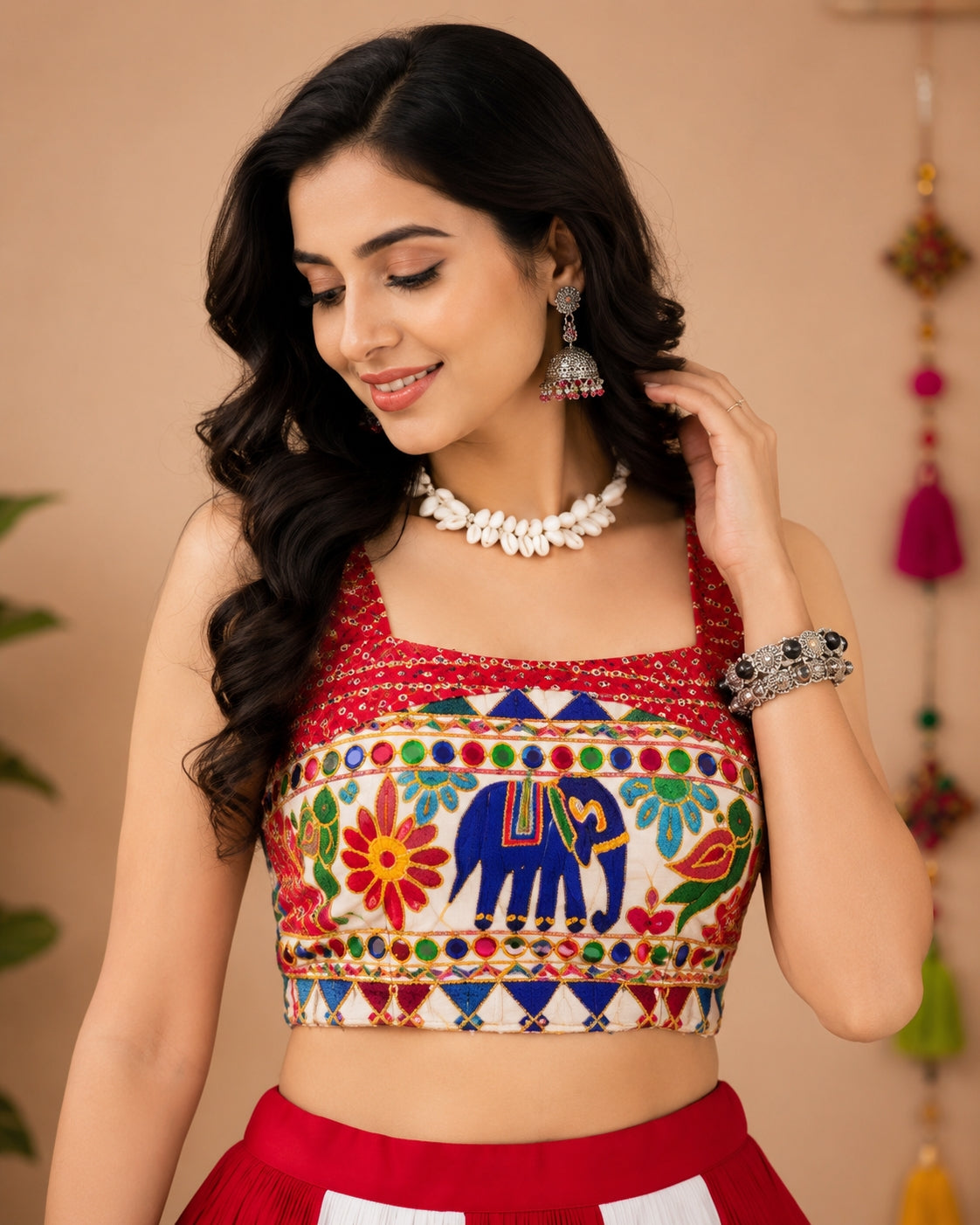 Red & White Kali Work Chaniya Choli With Fancy Blouse