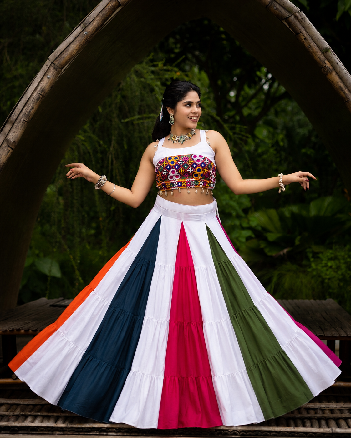Heavily Embroidered Heart-Bodice Chaniya Choli with Multi-Color Paneled Skirt