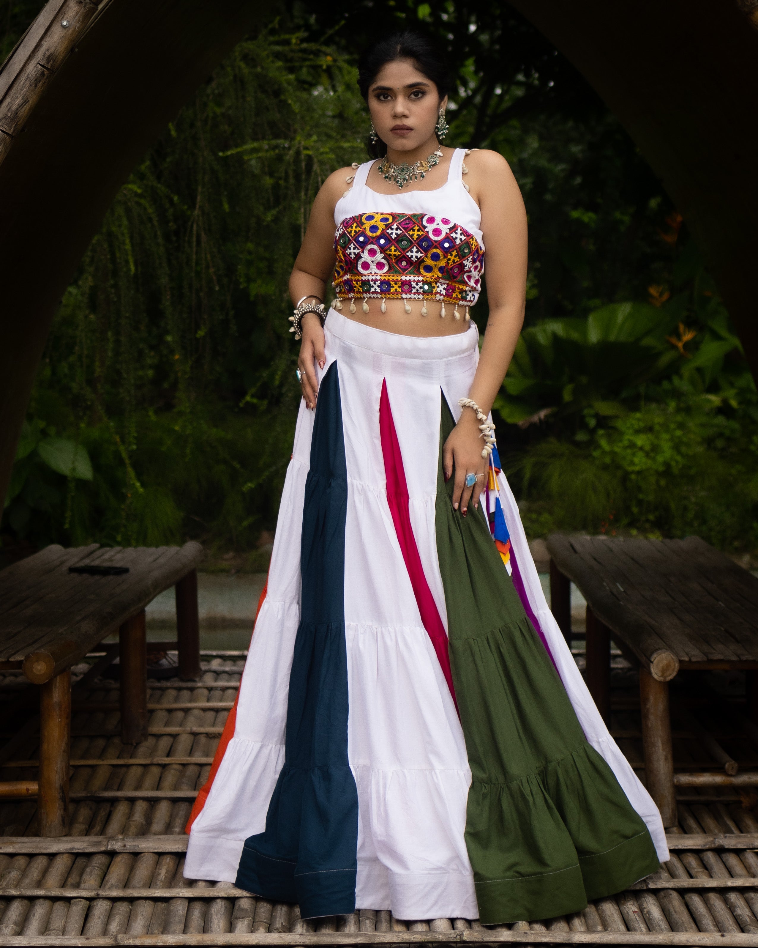 Heavily Embroidered Heart-Bodice Chaniya Choli with Multi-Color Paneled Skirt