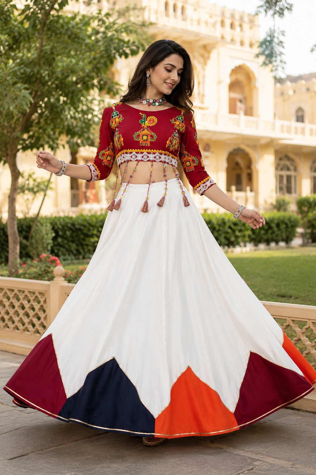 White Plain Kali Work Navratri Lehenga With Fancy Blouse