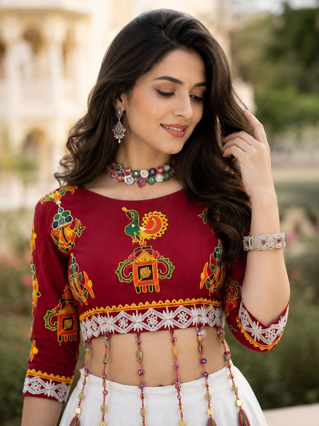 White Plain Kali Work Navratri Lehenga With Fancy Blouse