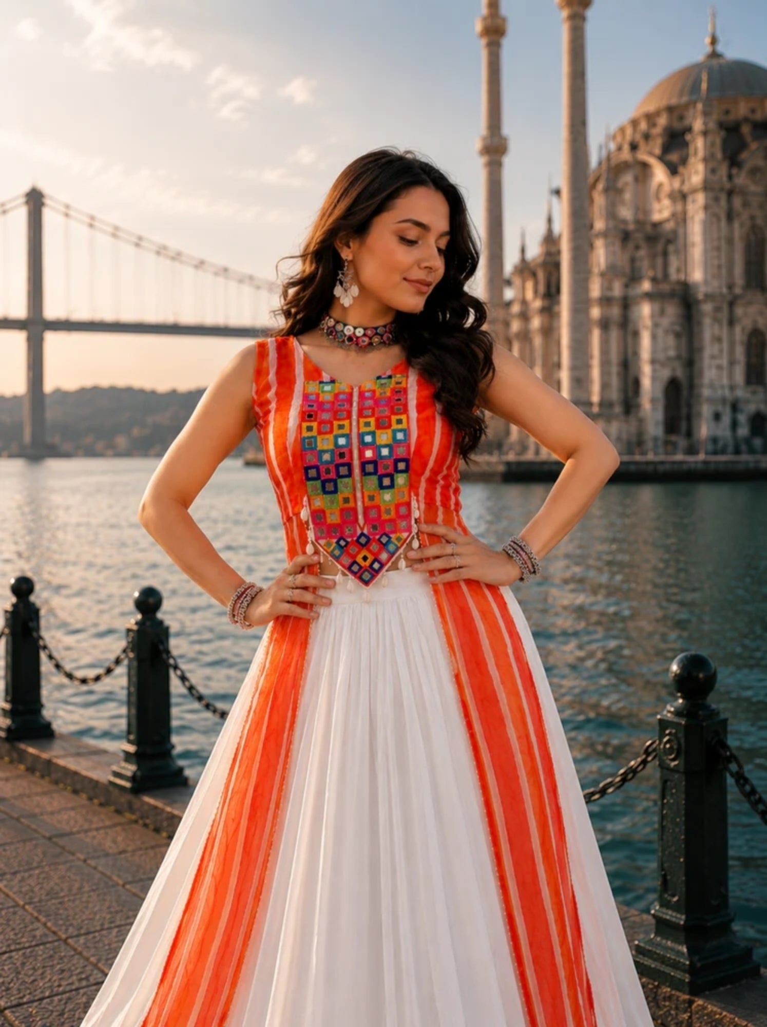 Orange Leheriya Prints Kurtis With White Frill Lehenga Sets