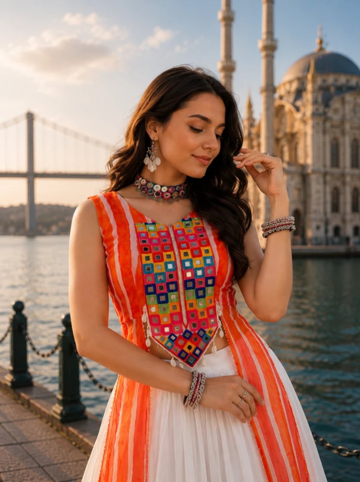 Orange Leheriya Prints Kurtis With White Frill Lehenga Sets