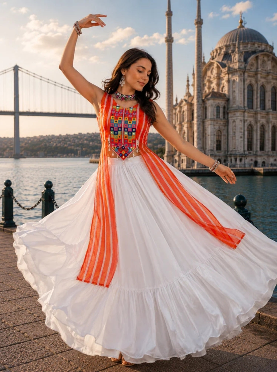 Orange Leheriya Prints Kurtis With White Frill Lehenga Sets