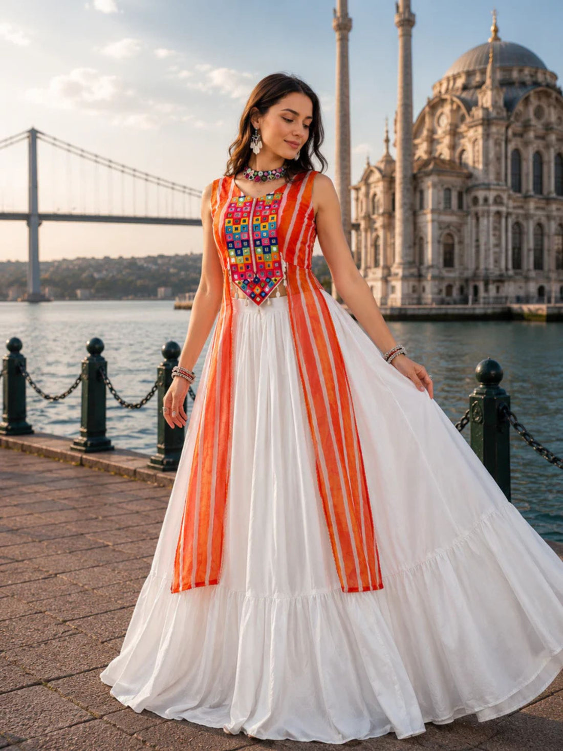 Orange Leheriya Prints Kurtis With White Frill Lehenga Sets - Lehenga Choli