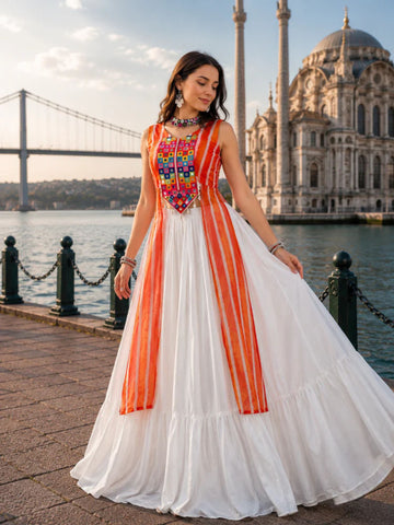 Orange Leheriya Prints Kurtis With White Frill Lehenga Sets