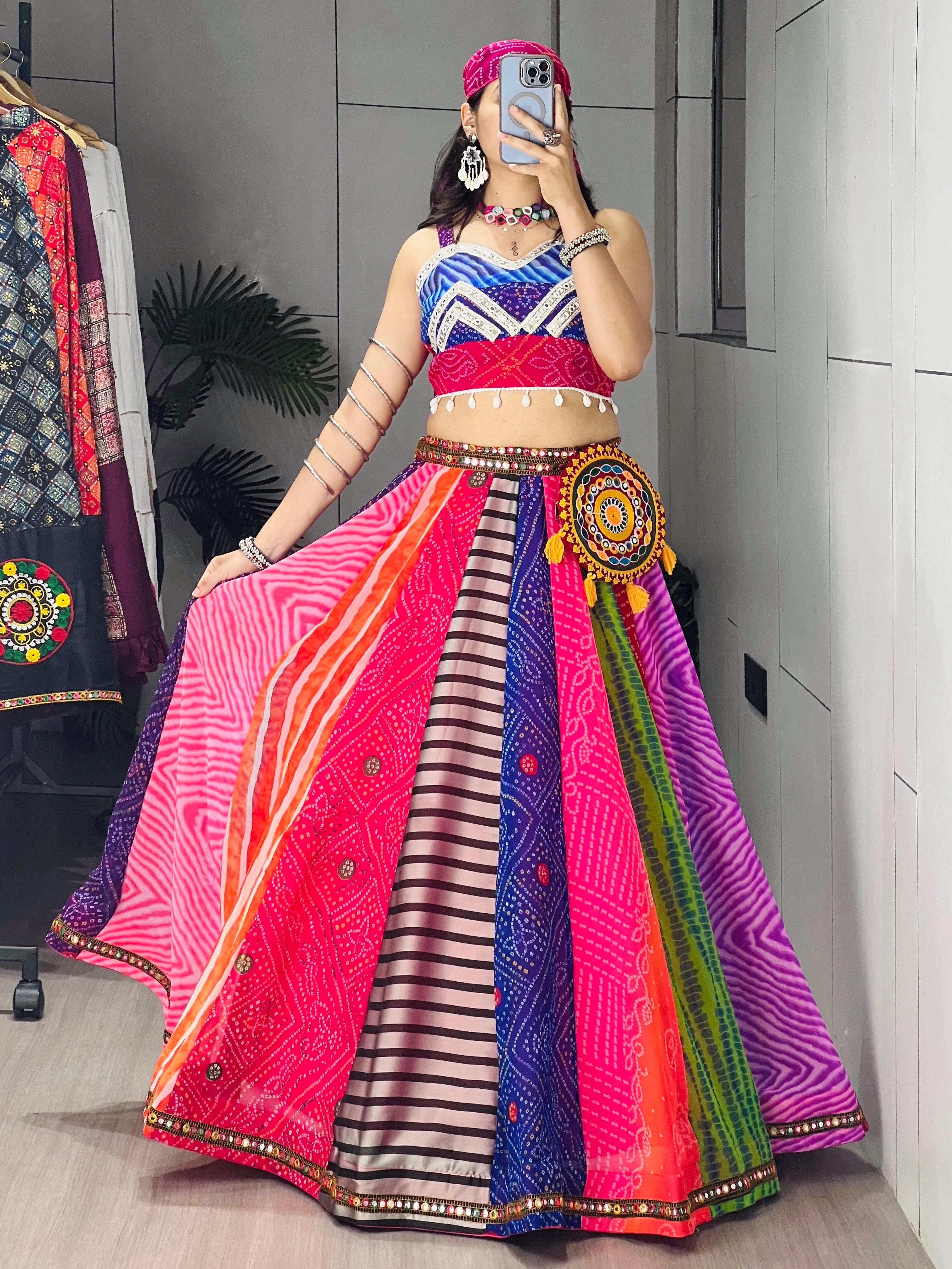 Traditional Multicolored Prints Kali Navratri Lehenga Blouse With Batwa & Scarve