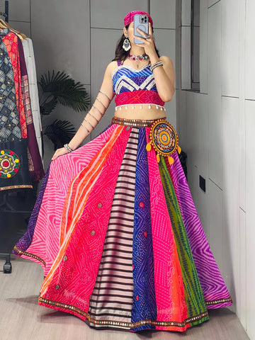 Traditional Multicolored Prints Kali Navratri Lehenga Blouse With Batwa & Scarve