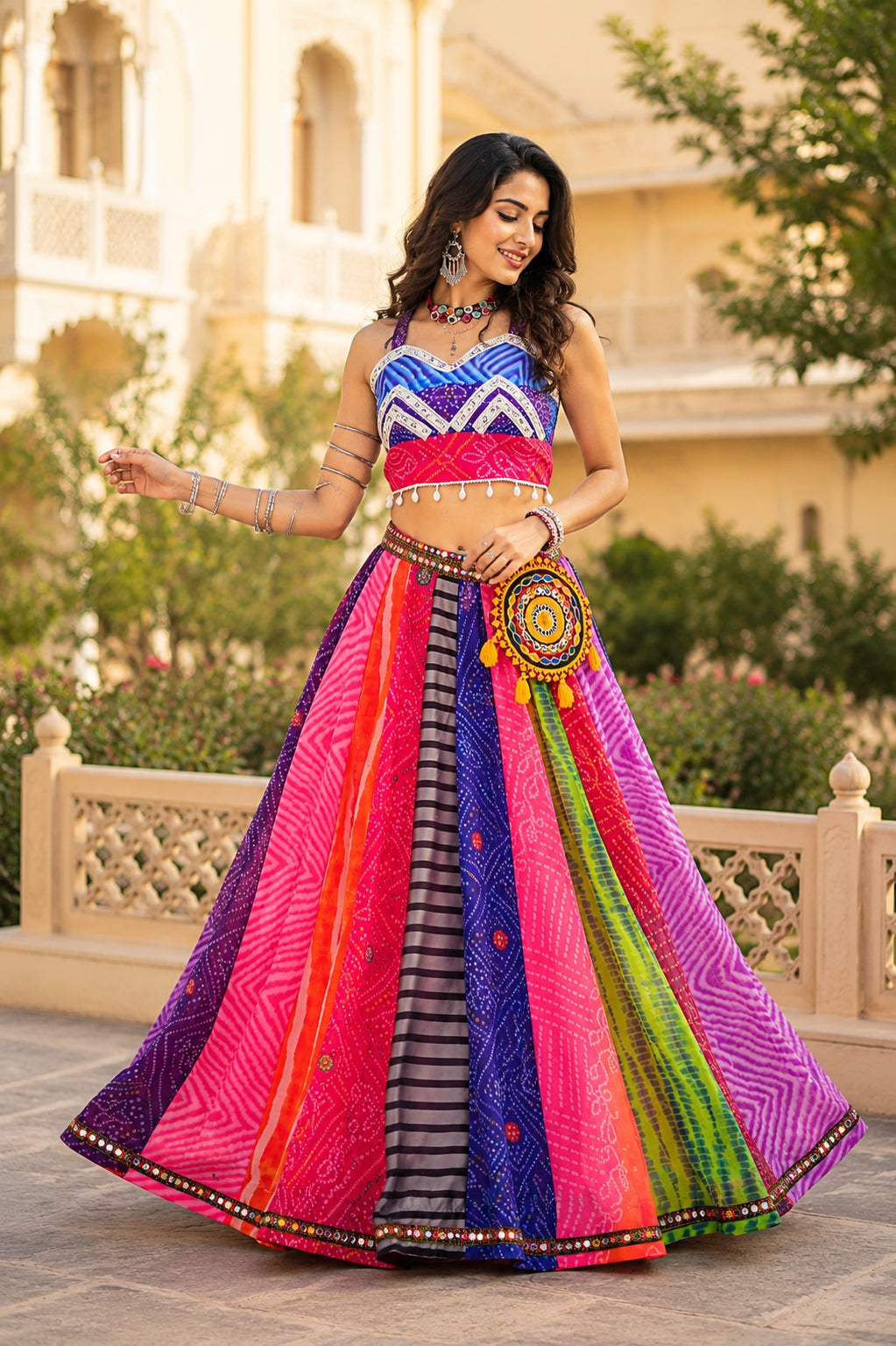 Traditional Multicolored Prints Kali Navratri Lehenga Blouse With Batwa & Scarve