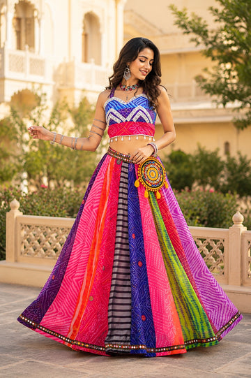 Traditional Multicolored Prints Kali Navratri Lehenga Blouse With Batwa & Scarve