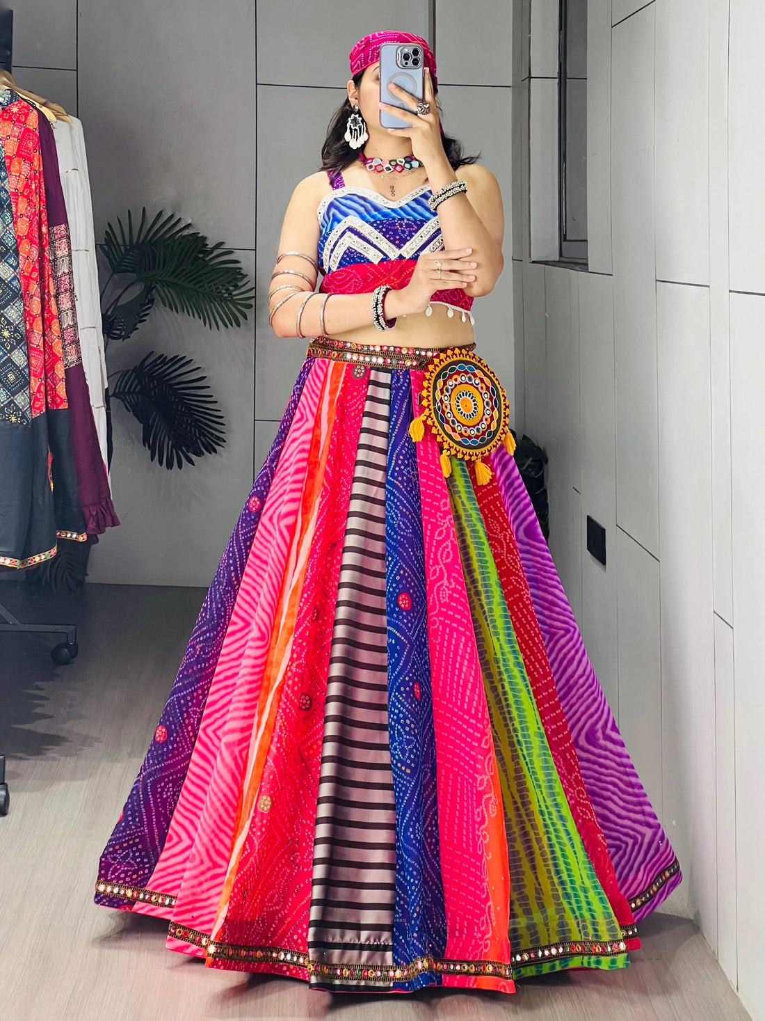 Traditional Multicolored Prints Kali Navratri Lehenga Blouse With Batwa & Scarve