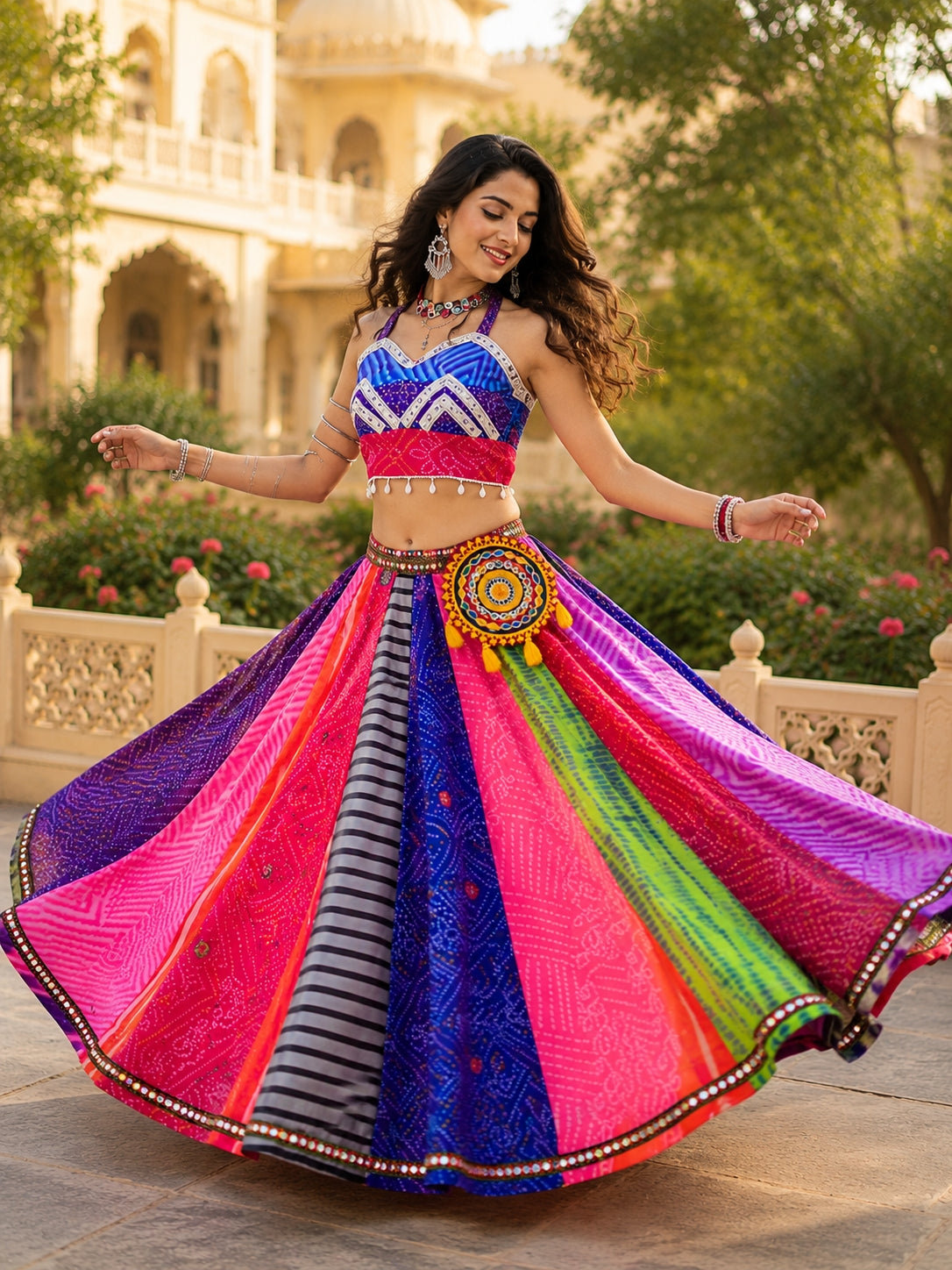Traditional Multicolored Prints Kali Navratri Lehenga Blouse With Batwa & Scarve