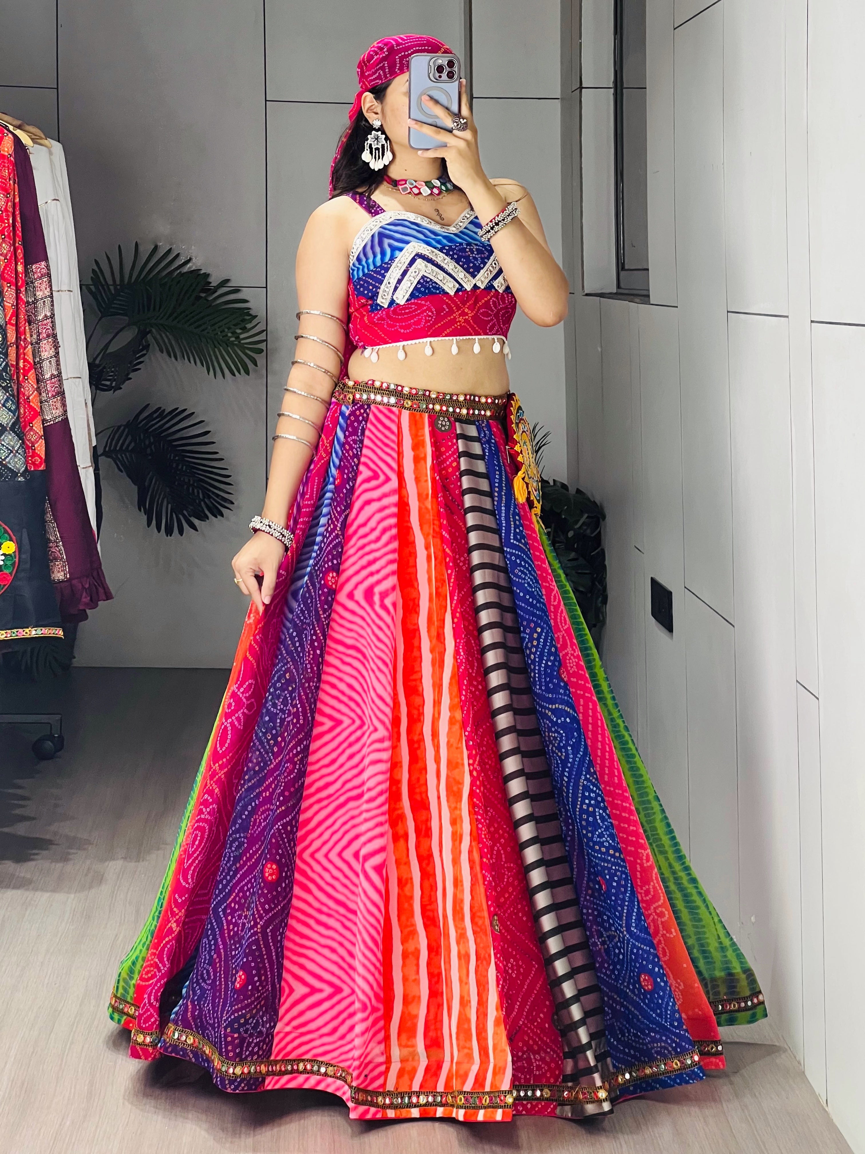 Traditional Multicolored Prints Kali Navratri Lehenga Blouse With Batwa & Scarve