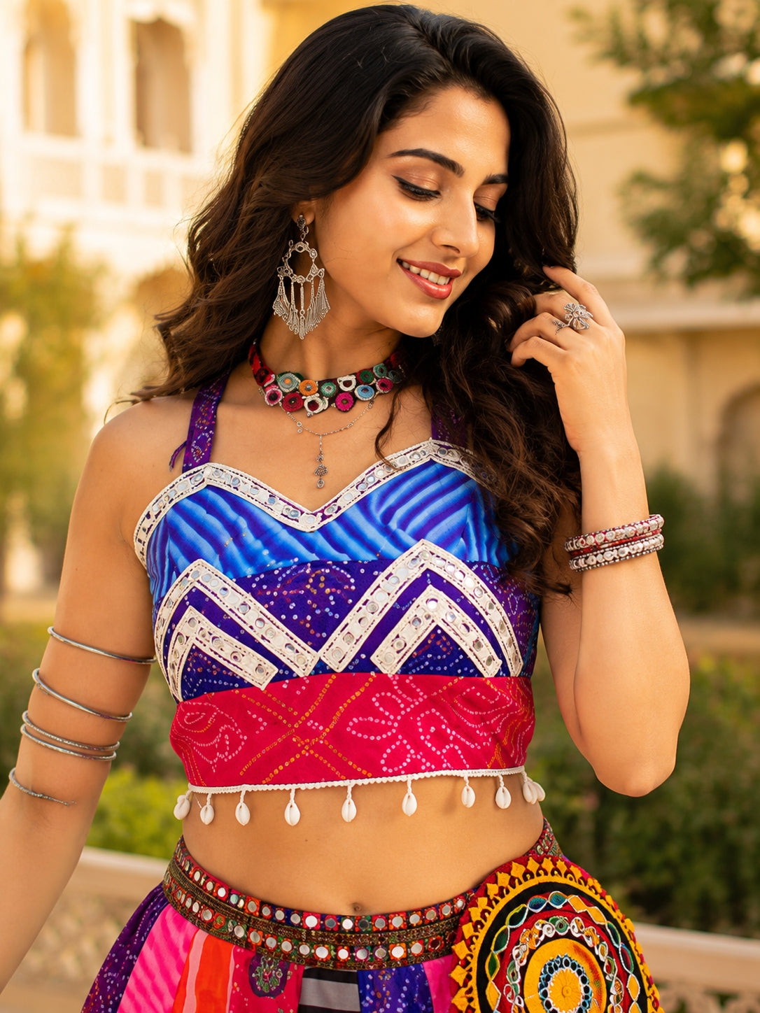 Traditional Multicolored Prints Kali Navratri Lehenga Blouse With Batwa & Scarve