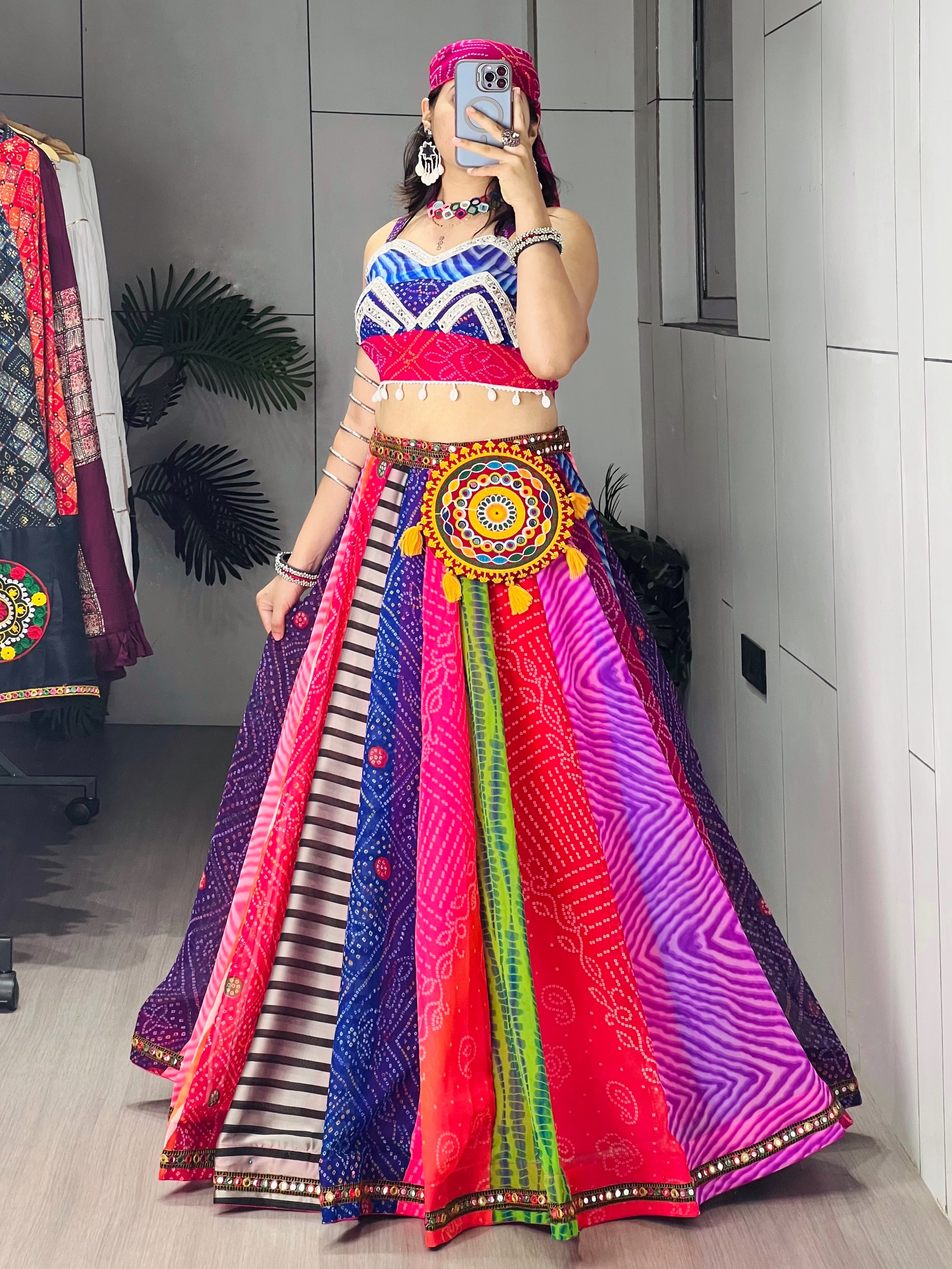 Traditional Multicolored Prints Kali Navratri Lehenga Blouse With Batwa & Scarve