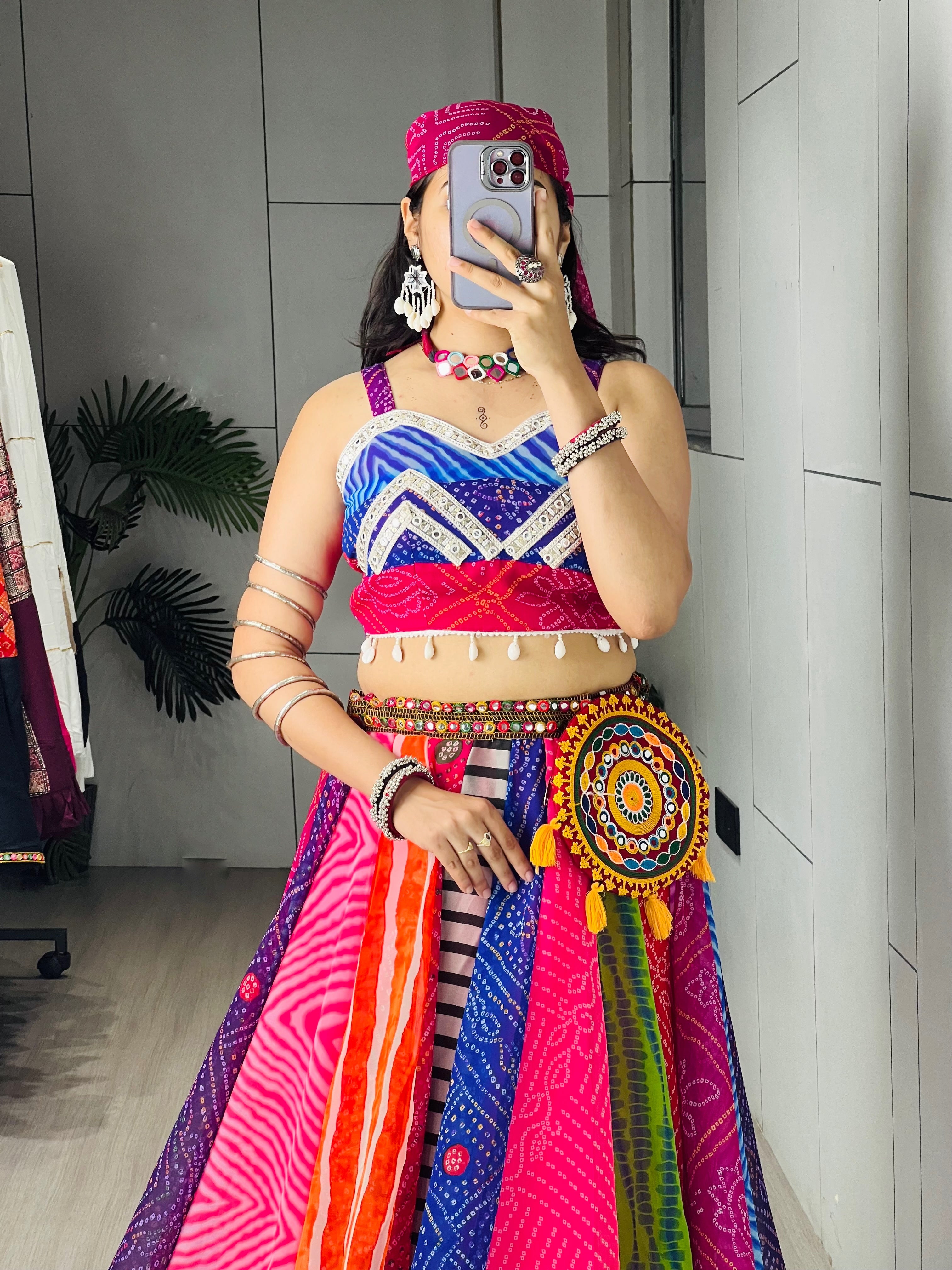 Traditional Multicolored Prints Kali Navratri Lehenga Blouse With Batwa & Scarve