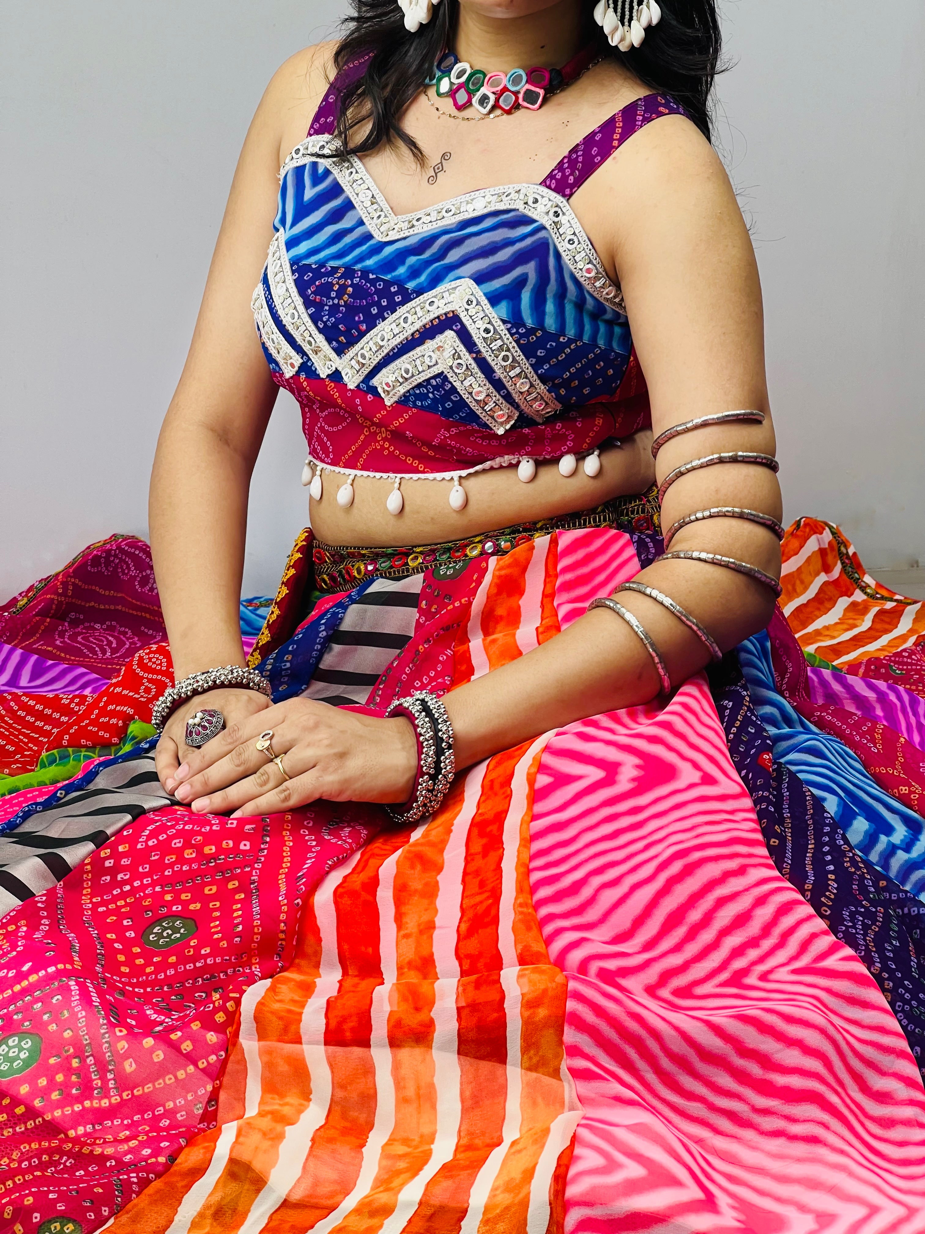 Traditional Multicolored Prints Kali Navratri Lehenga Blouse With Batwa & Scarve