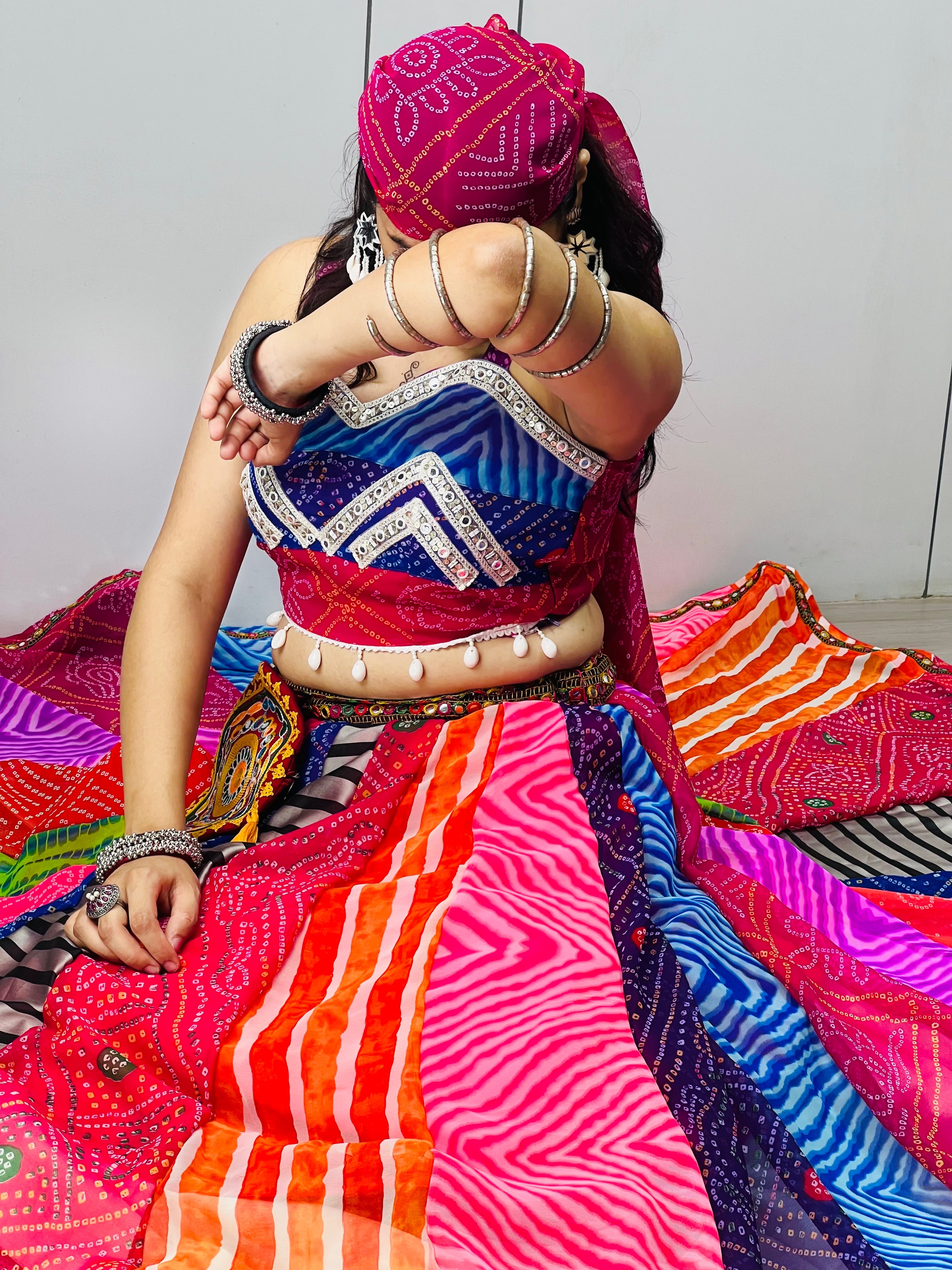 Traditional Multicolored Prints Kali Navratri Lehenga Blouse With Batwa & Scarve