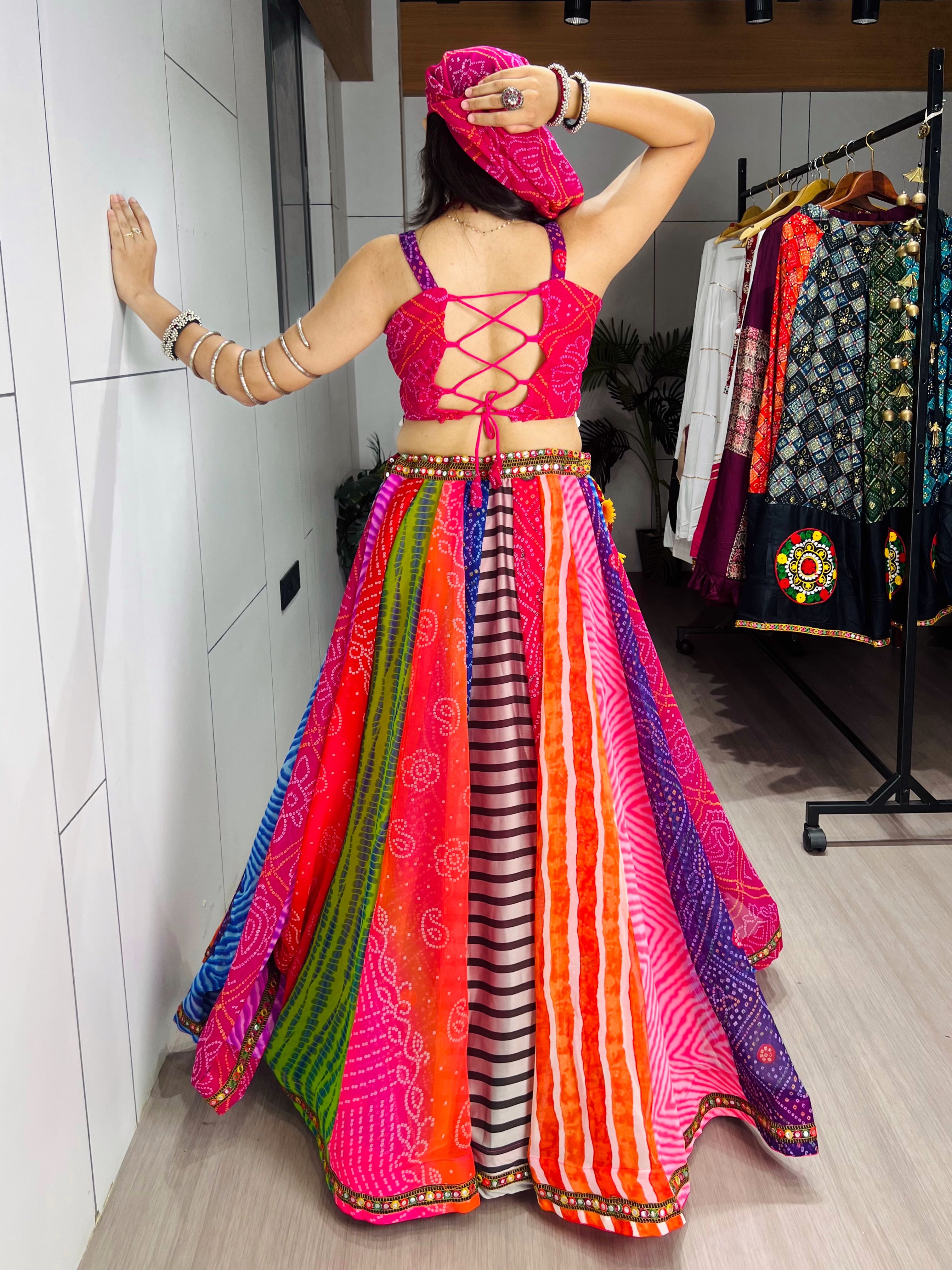 Traditional Multicolored Prints Kali Navratri Lehenga Blouse With Batwa & Scarve