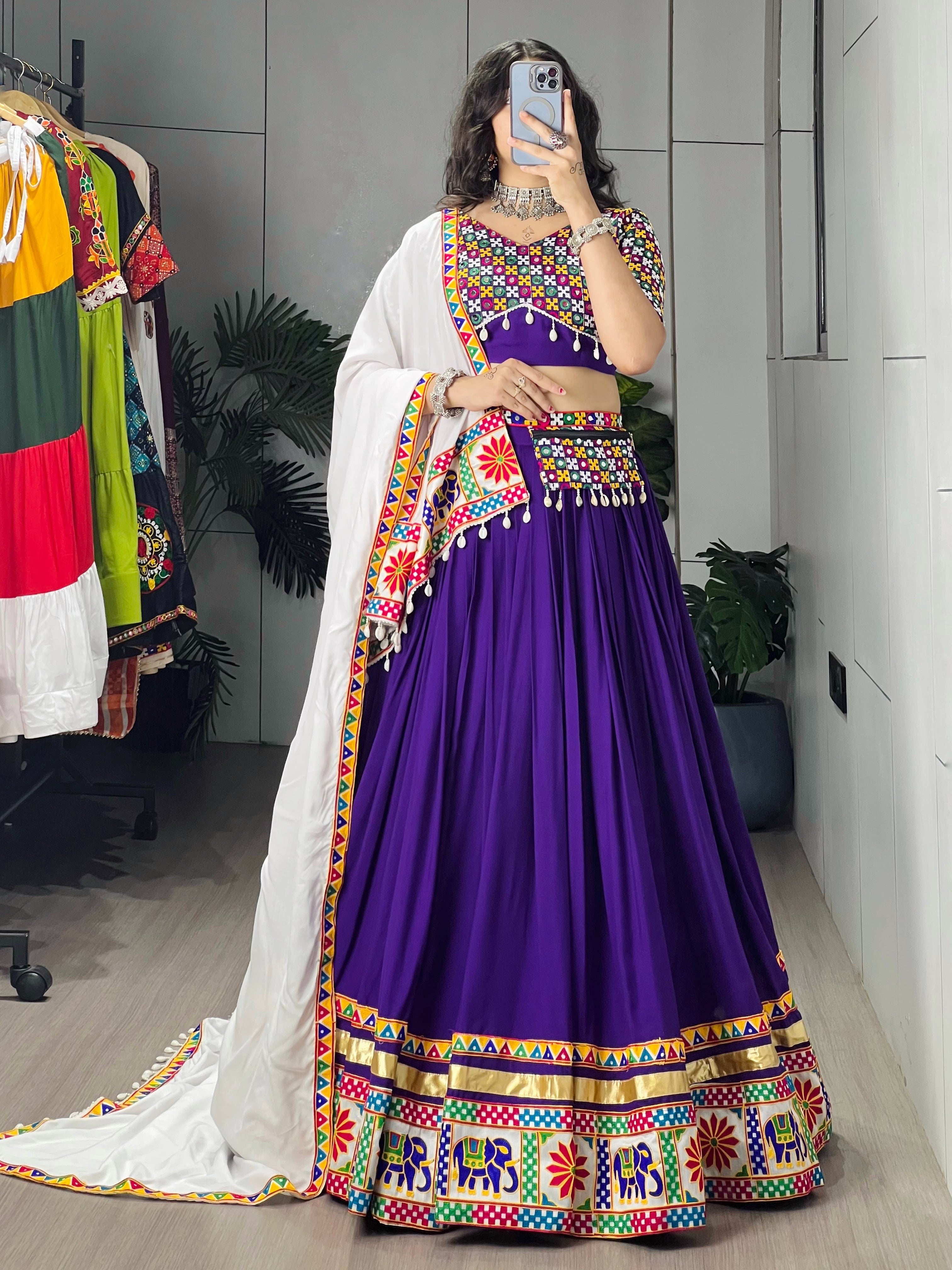 Purple Color Gamthi Mirror Work Lehenga Choli