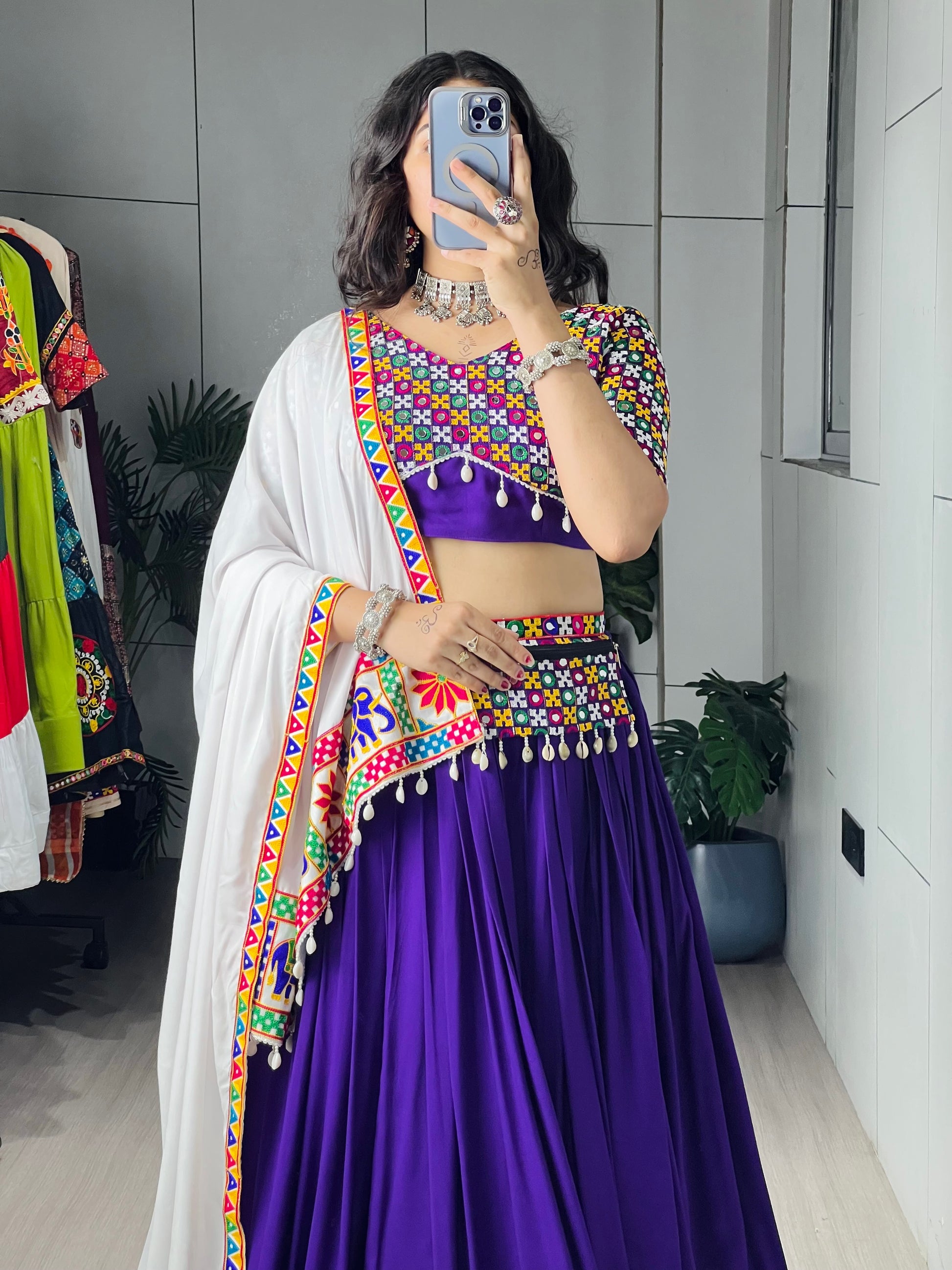 Purple Color Gamthi Mirror Work Lehenga Choli