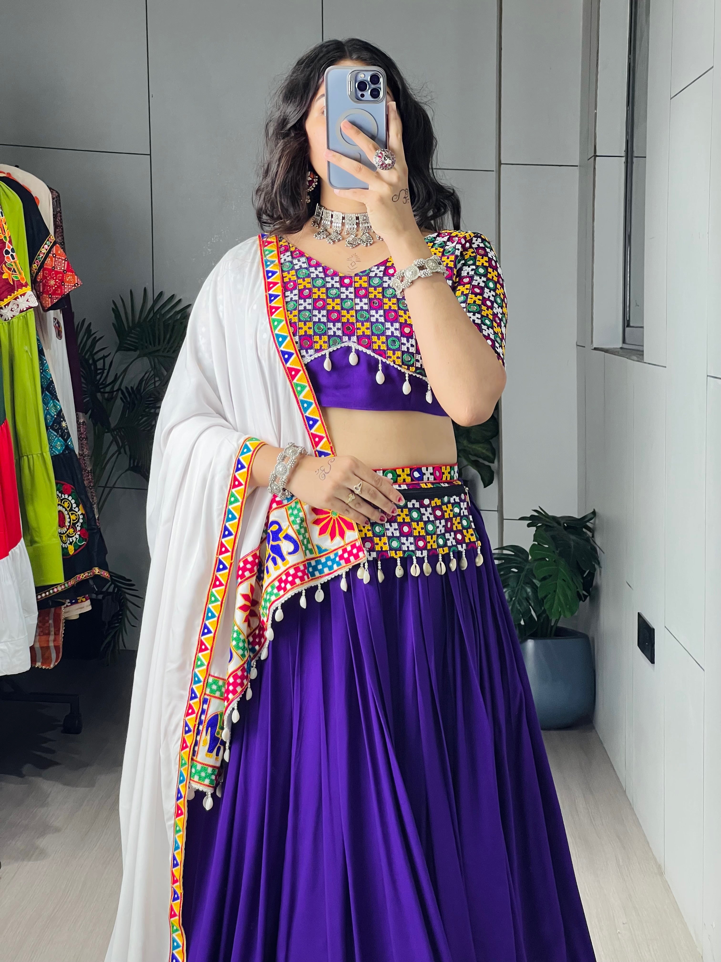 Purple Color Gamthi Mirror Work Lehenga Choli