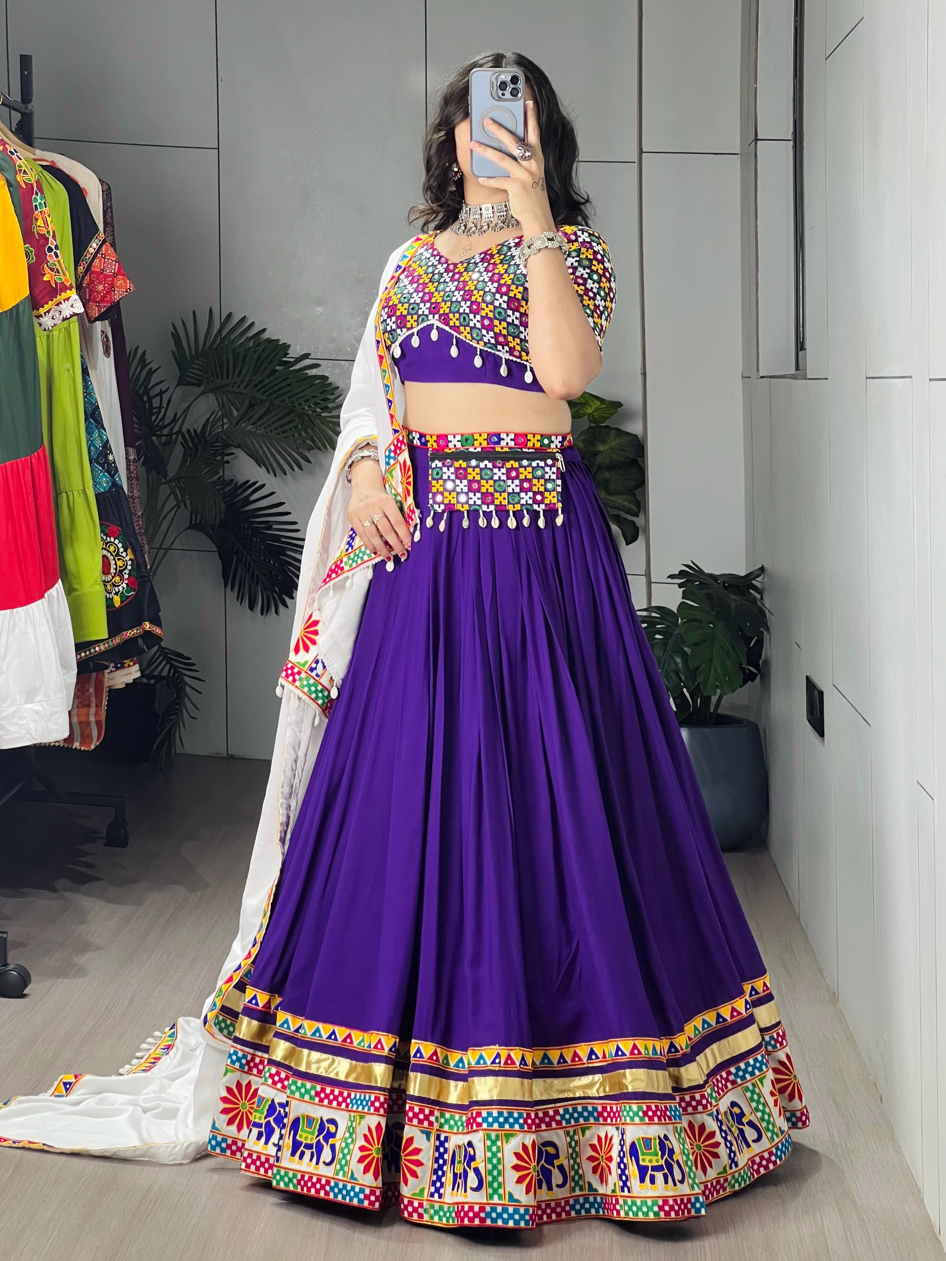 Purple Color Gamthi Mirror Work Lehenga Choli